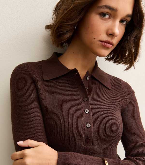 new look Dark Brown Lightweight Button Up Polo Top