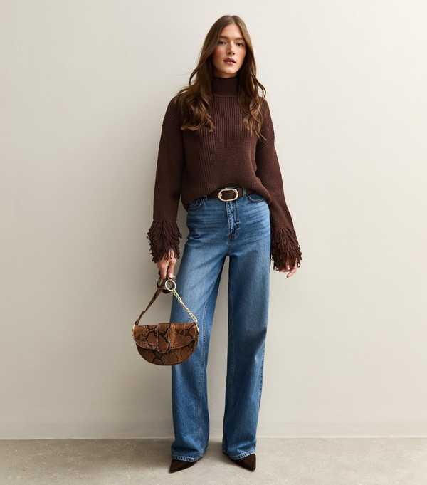 New Look Dark Brown Looped Fringe Cuff Jumper