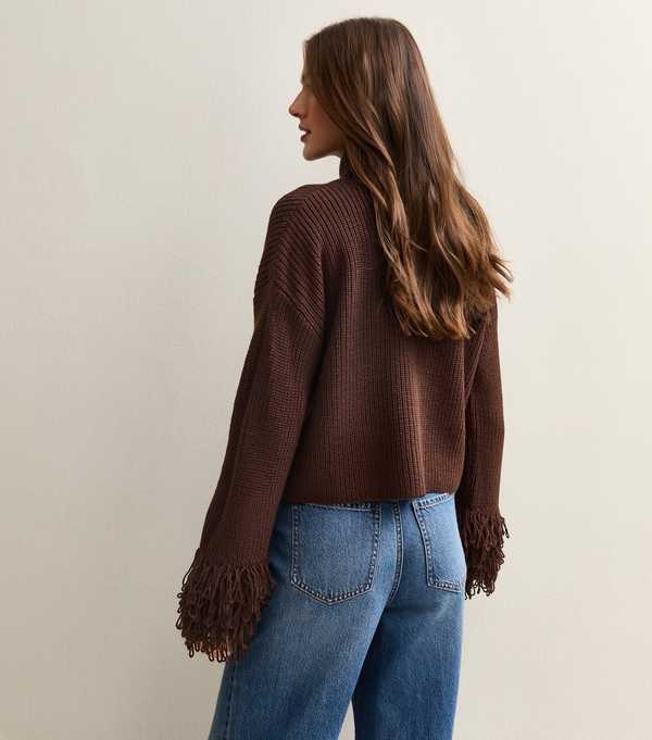 New Look Dark Brown Looped Fringe Cuff Jumper