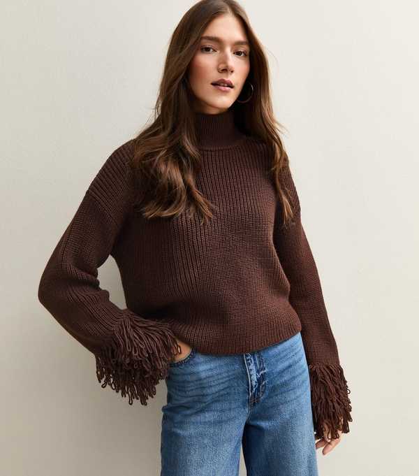 new look Dark Brown Looped Fringe Cuff Jumper