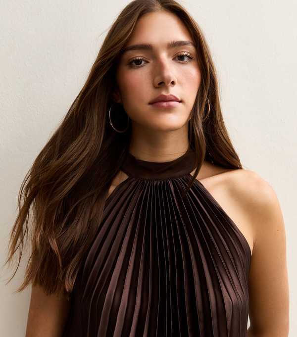 New Look Dark Brown Pleated Halterneck Mini Dress