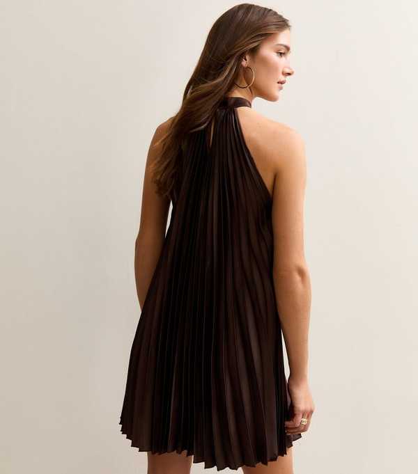 New Look Dark Brown Pleated Halterneck Mini Dress
