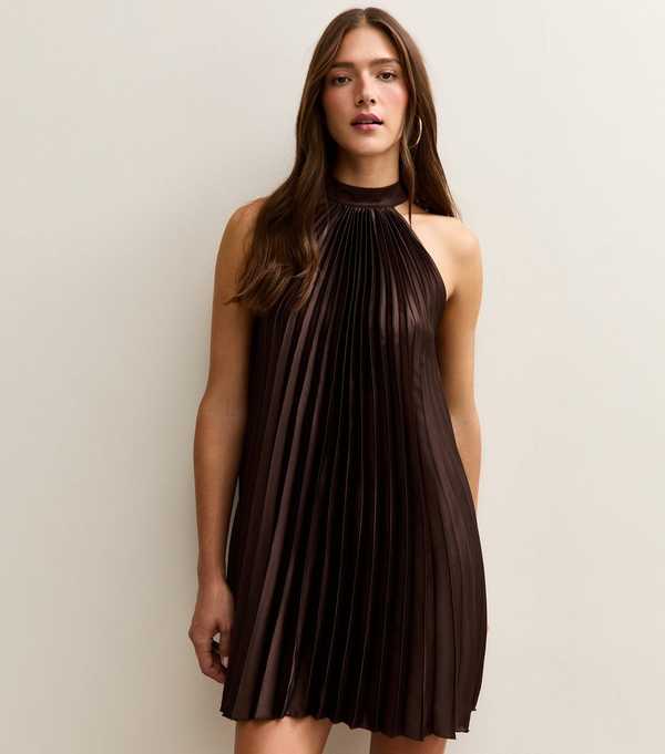 new look Dark Brown Pleated Halterneck Mini Dress