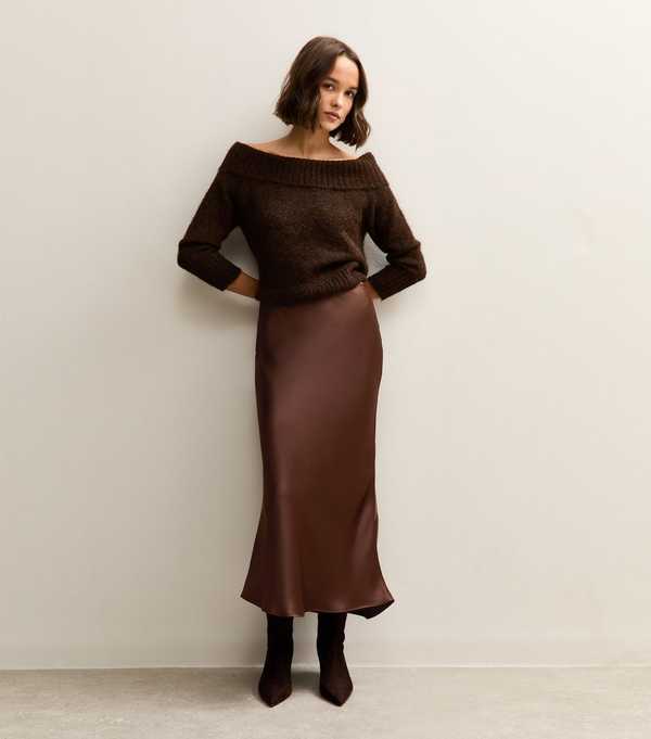New Look Dark Brown Satin Bias Cut Midi Skirt