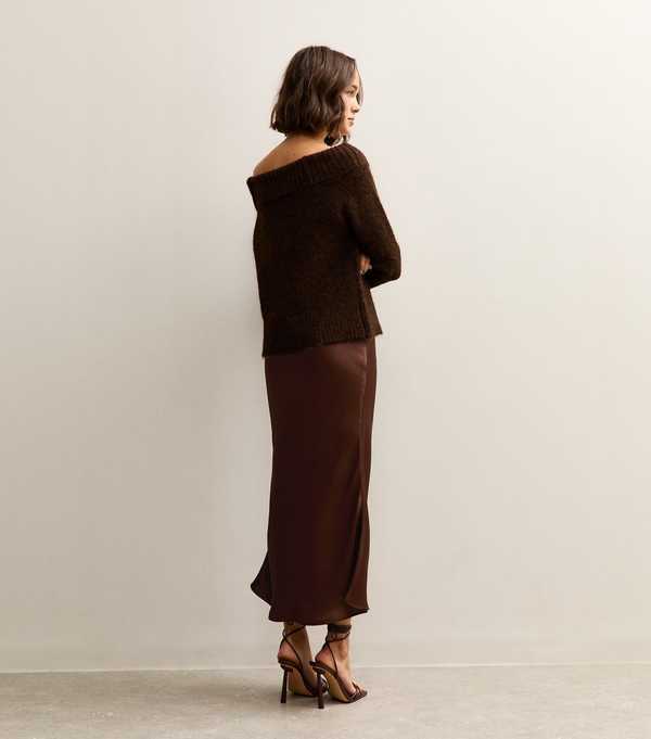 New Look Dark Brown Satin Bias Cut Midi Skirt