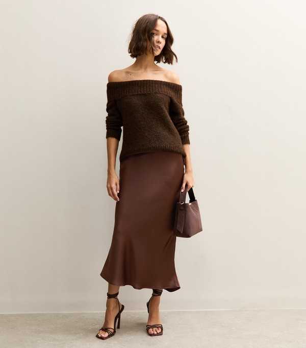 new look Dark Brown Satin Bias Cut Midi Skirt