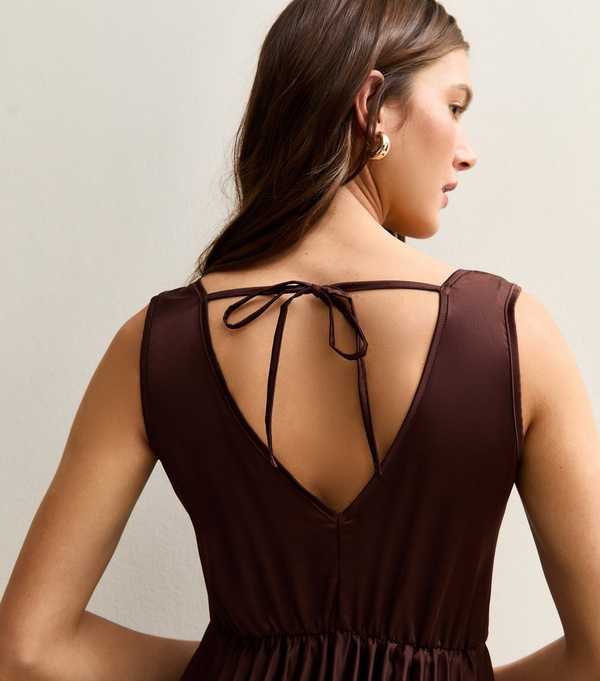 New Look Dark Brown Satin Pleated Midi Dress