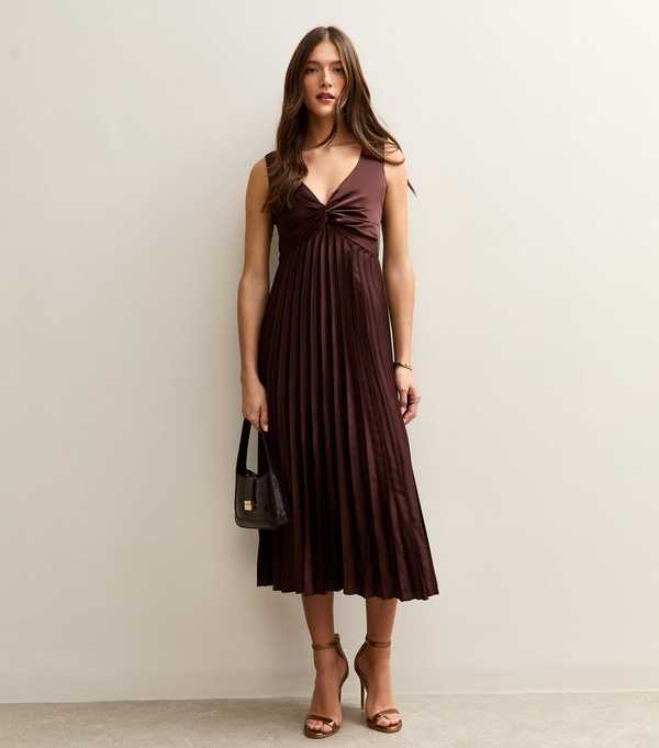 New Look Dark Brown Satin Pleated Midi Dress