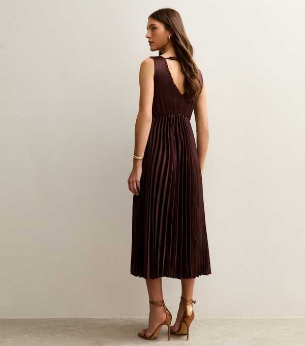 New Look Dark Brown Satin Pleated Midi Dress