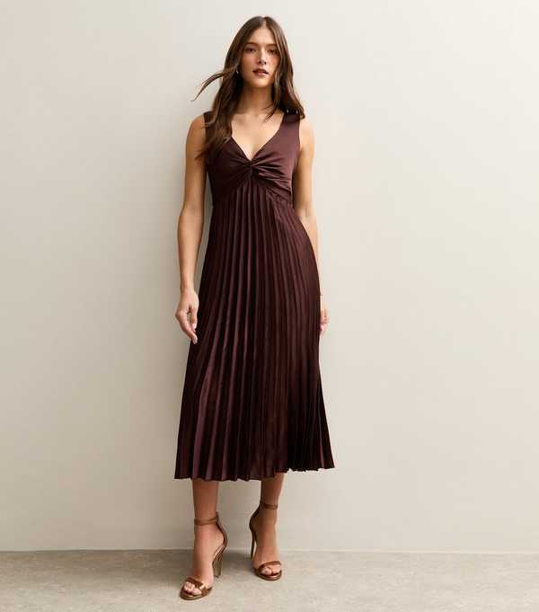 new look Dark Brown Satin Pleated Midi Dress
