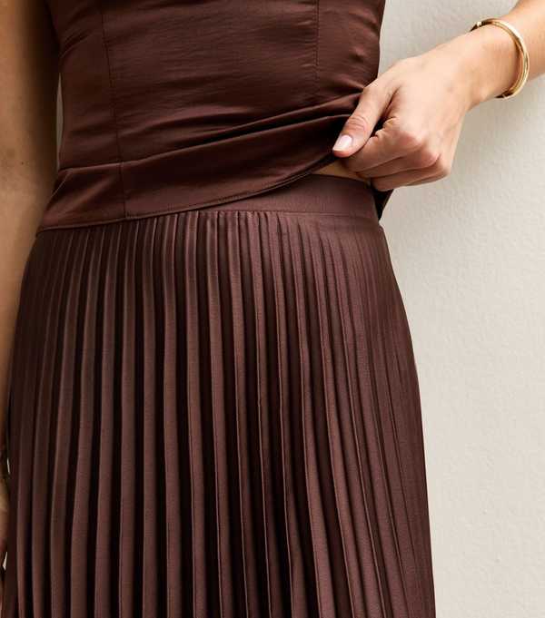 New Look Dark Brown Satin Pleated Midi Skirt