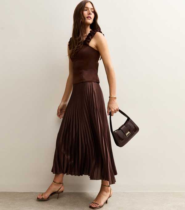 New Look Dark Brown Satin Pleated Midi Skirt