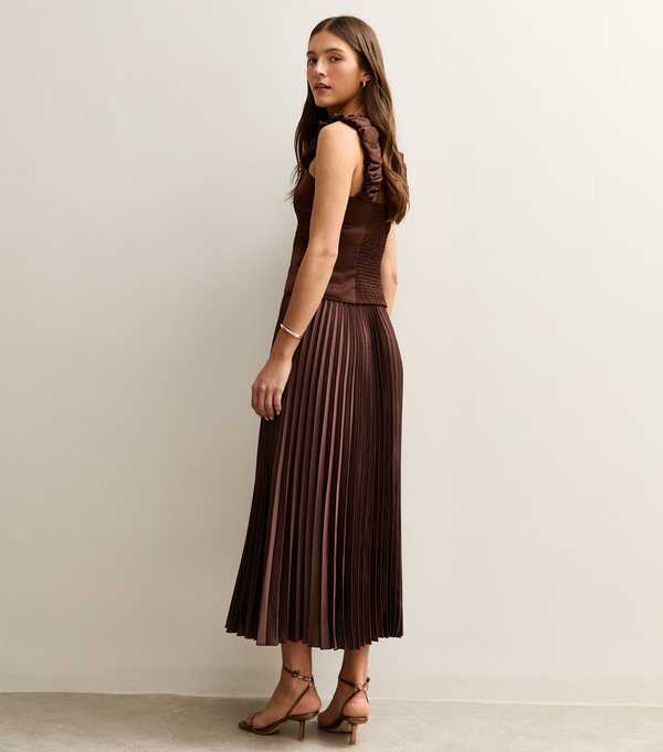 New Look Dark Brown Satin Pleated Midi Skirt