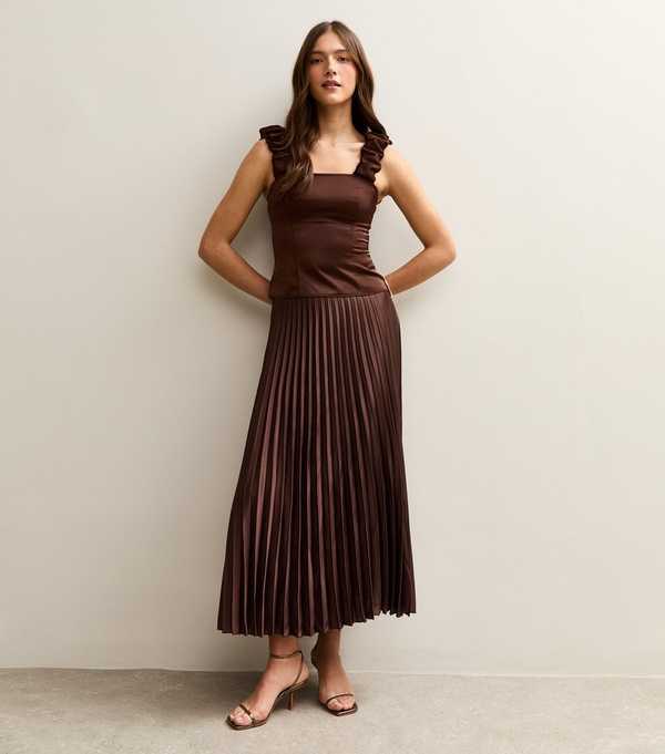 new look Dark Brown Satin Pleated Midi Skirt