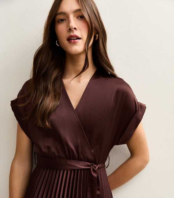 New Look Dark Brown Satin Pleated Wrap Midi Dress