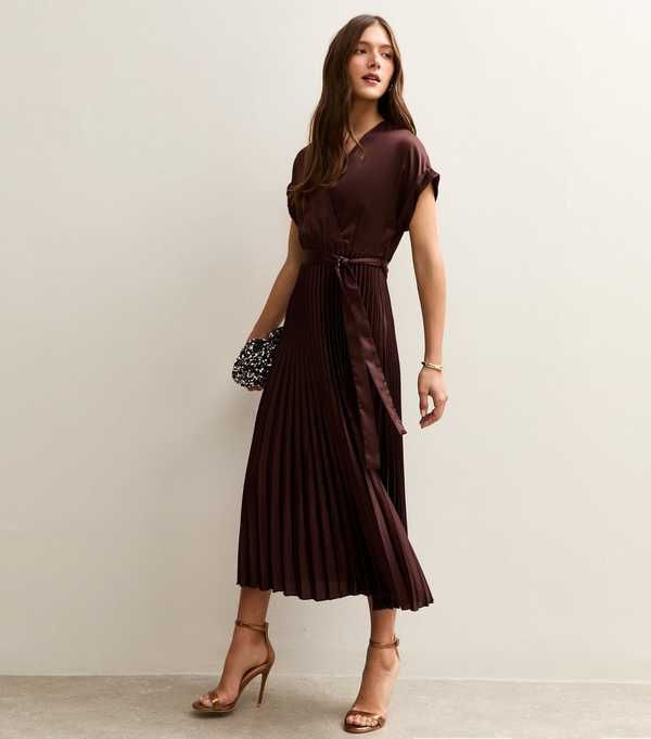 New Look Dark Brown Satin Pleated Wrap Midi Dress