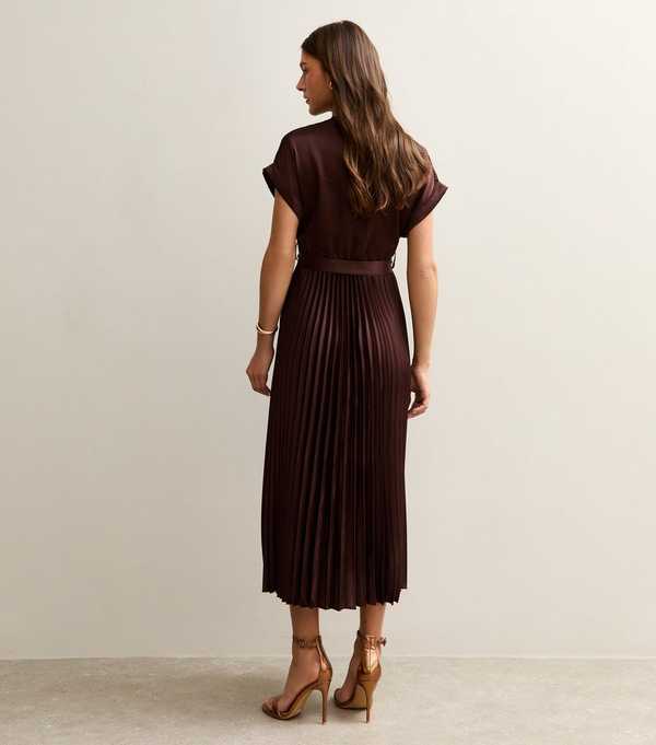New Look Dark Brown Satin Pleated Wrap Midi Dress