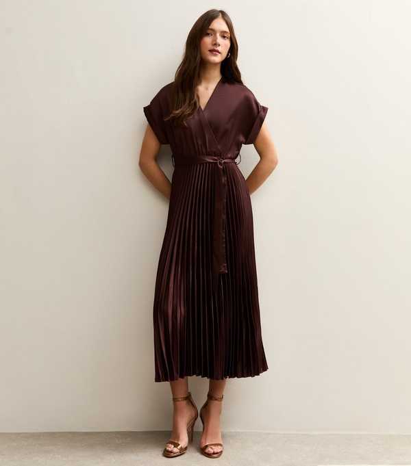 new look Dark Brown Satin Pleated Wrap Midi Dress