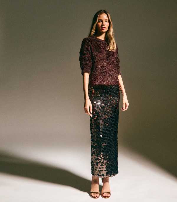 New Look Dark Brown Sequin Midi Skirt