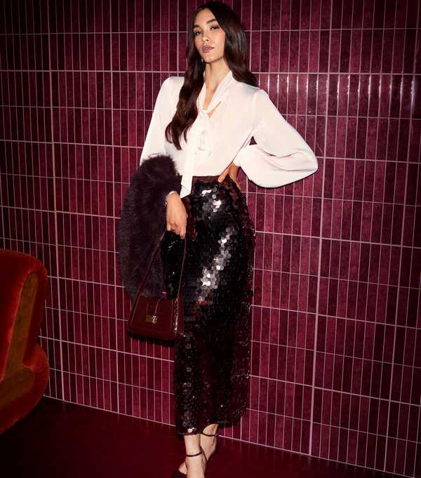 new look Dark Brown Sequin Midi Skirt