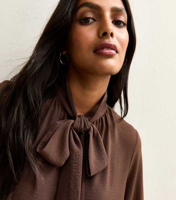 New Look Dark Brown Tie Neck Smock Mini Dress