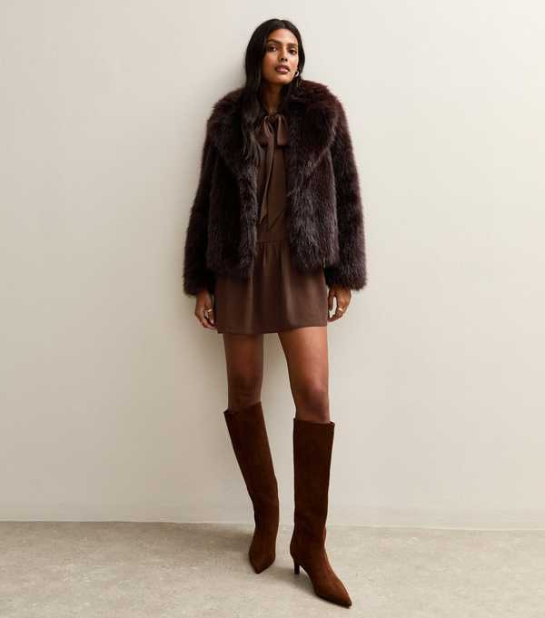 New Look Dark Brown Tie Neck Smock Mini Dress