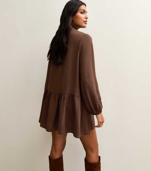 New Look Dark Brown Tie Neck Smock Mini Dress