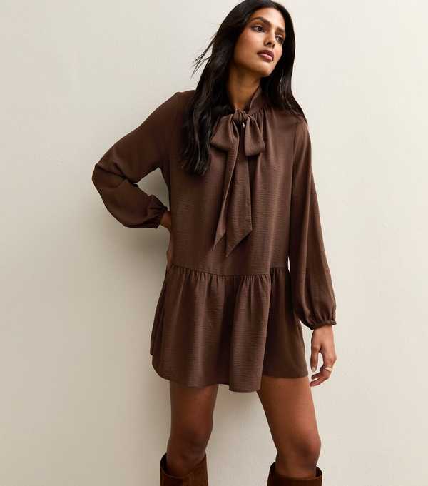 new look Dark Brown Tie Neck Smock Mini Dress