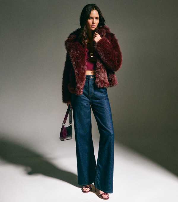 New Look Dark Burgundy Faux Fur Coat