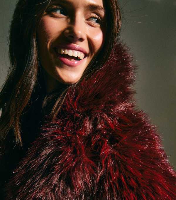 New Look Dark Burgundy Faux Fur Coat