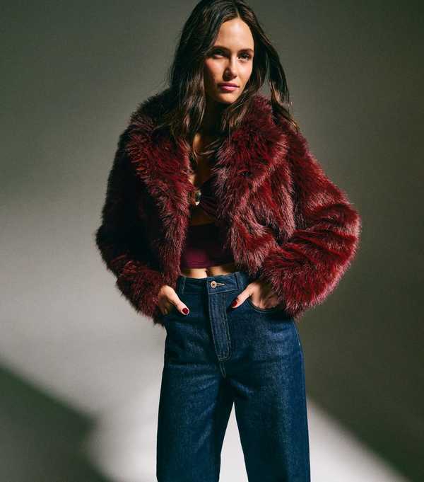 new look Dark Burgundy Faux Fur Coat