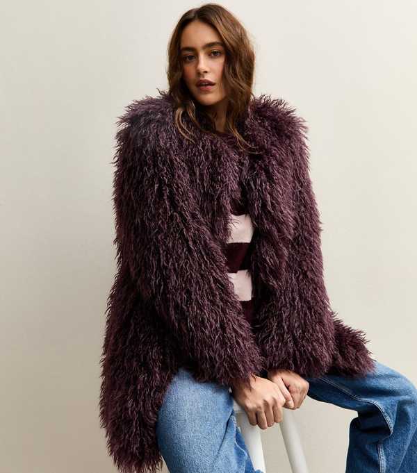 New Look Dark Burgundy Faux Fur Midi Coat