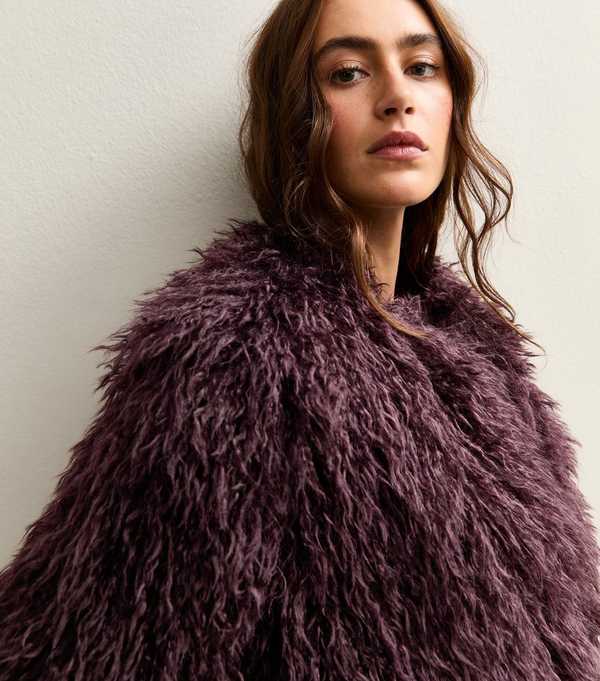New Look Dark Burgundy Faux Fur Midi Coat