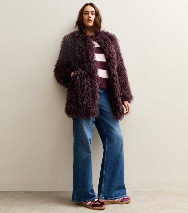New Look Dark Burgundy Faux Fur Midi Coat