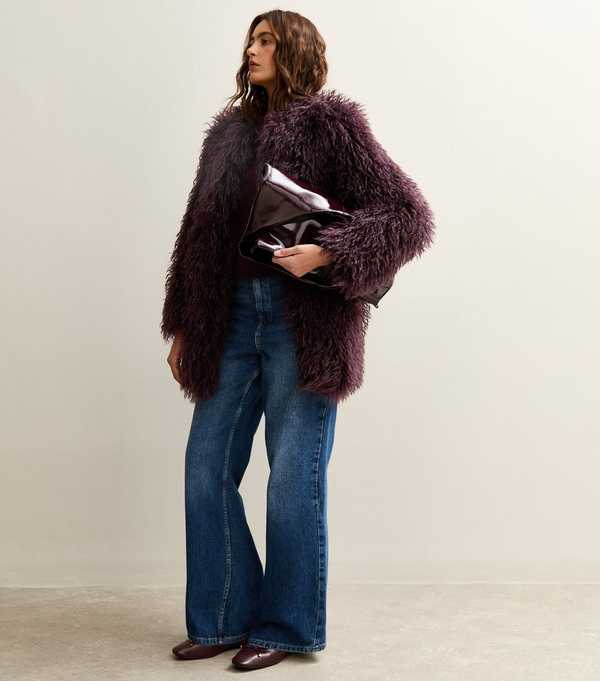 new look Dark Burgundy Faux Fur Midi Coat