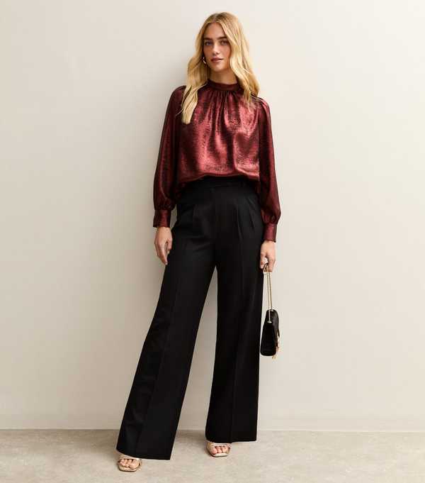 New Look Dark Burgundy Metallic High Neck Blouse
