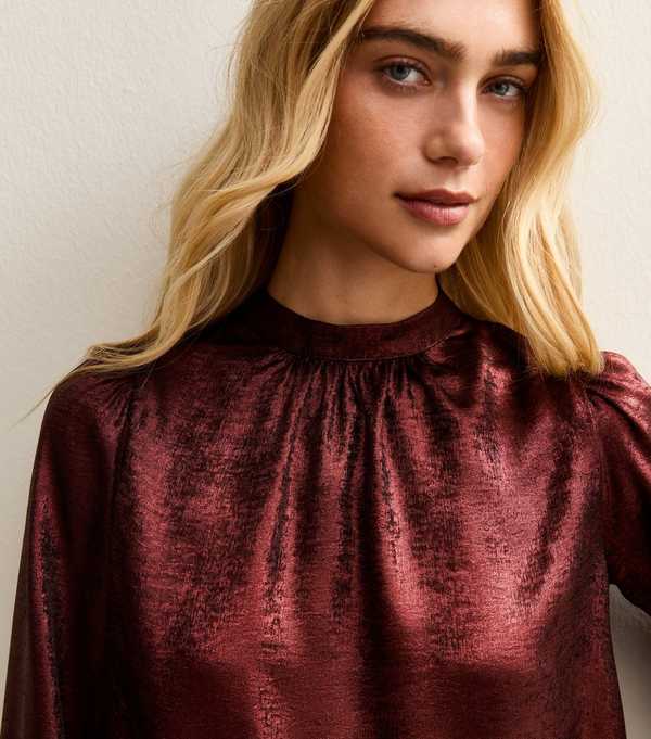 New Look Dark Burgundy Metallic High Neck Blouse