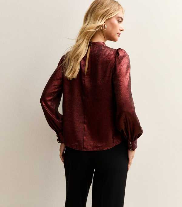 New Look Dark Burgundy Metallic High Neck Blouse