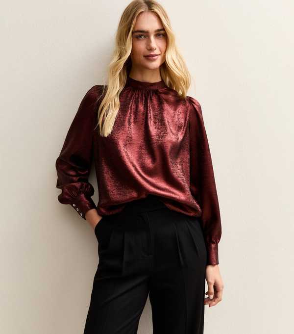 new look Dark Burgundy Metallic High Neck Blouse