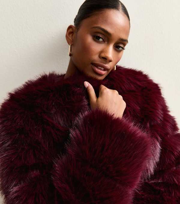 New Look Dark Burgundy Panelled Faux Fur Jacket