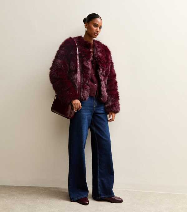 New Look Dark Burgundy Panelled Faux Fur Jacket