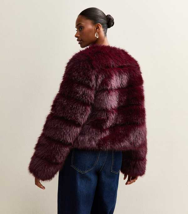 New Look Dark Burgundy Panelled Faux Fur Jacket