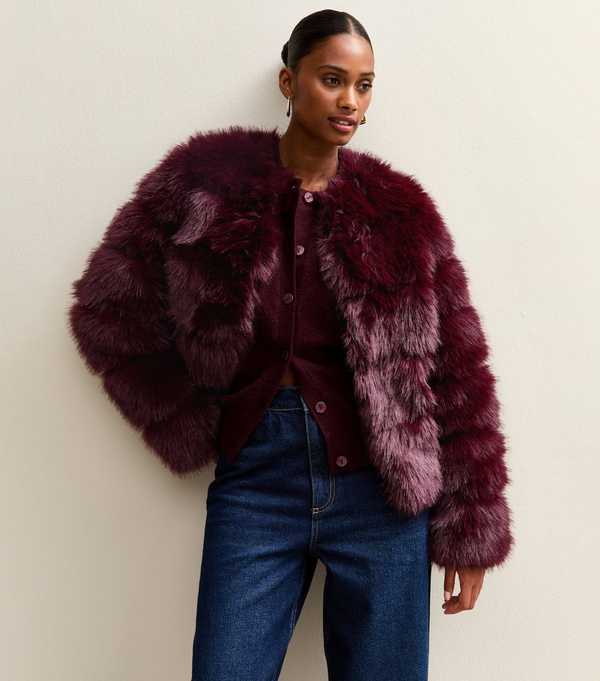 new look Dark Burgundy Panelled Faux Fur Jacket