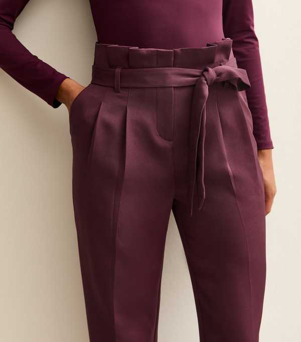 New Look Dark Burgundy Pleated Paperbag Trousers