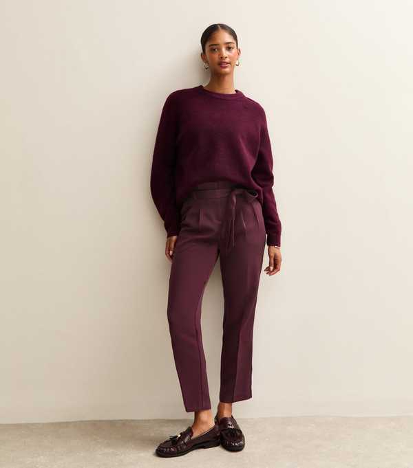 New Look Dark Burgundy Pleated Paperbag Trousers