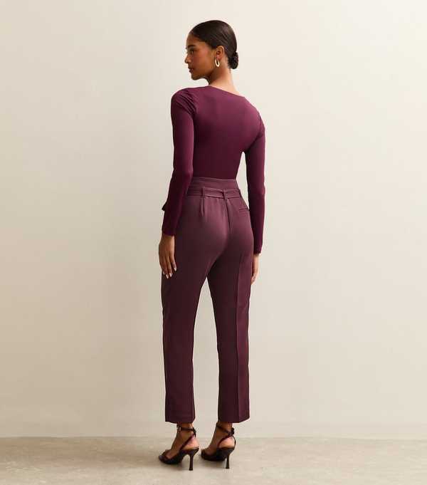 New Look Dark Burgundy Pleated Paperbag Trousers