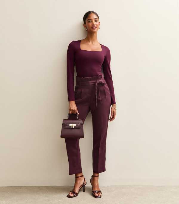 new look Dark Burgundy Pleated Paperbag Trousers