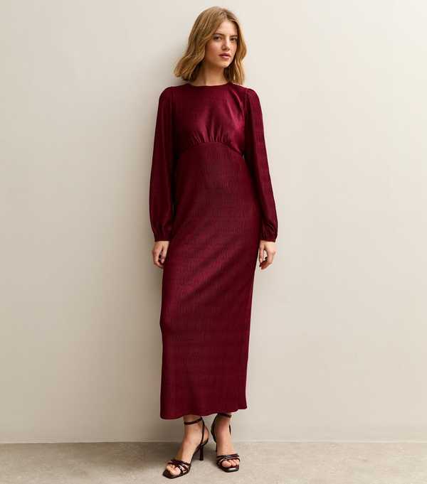 New Look Dark Burgundy Plisse Midi Dress