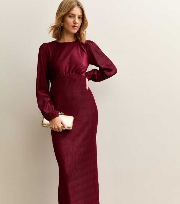 new look Dark Burgundy Plisse Midi Dress