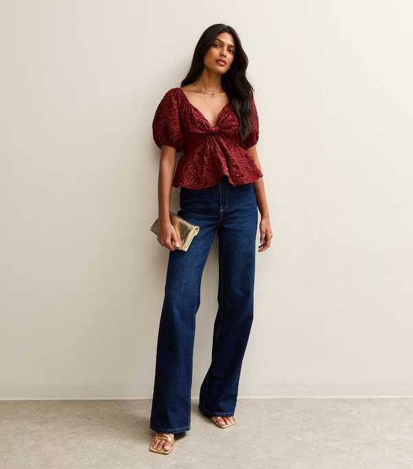 New Look Dark Burgundy Puff Sleeve Bow Top